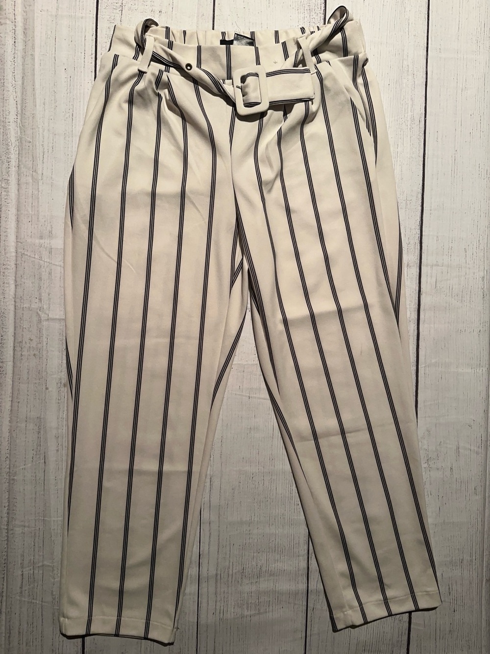 Simply Styled Cream & Black Vertical Stripe Paperbag Pants
